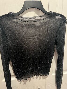 Sheer Black Metallic Long-Sleeve Crop Top